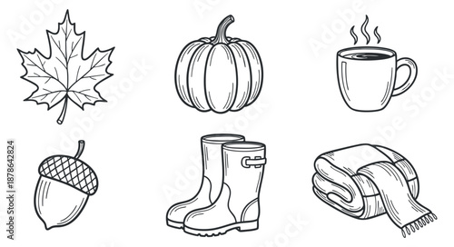 A collection of autumn-themed elements including a maple leaf, pumpkin, coffee cup, acorn, boots, and a blanket in minimalist outline vector style, ideal for seasonal design projects