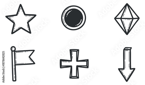 A set of geometric symbols including a star, flag, cross, circle, down arrow, and diamond in minimalist black and white vector style, ideal for modern graphic design