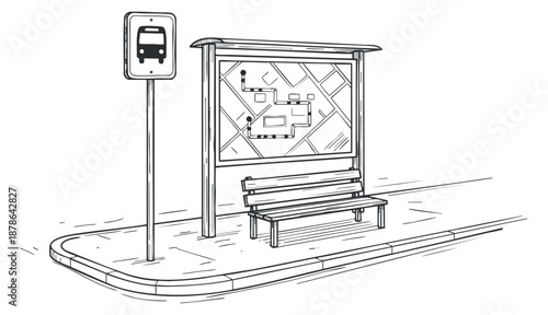 A bus stop with a shelter, map, and bench in outline minimalist vector style, ideal for urban transportation design