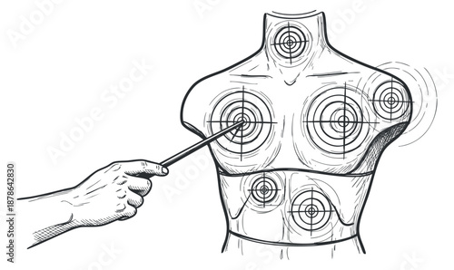 A hand pointing at an anatomical torso with circular guide marks in a detailed line art vector style, ideal for educational and medical illustrations