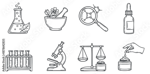 A collection of laboratory and science icons including a beaker, microscope, scales, and droppers in minimalist line art style, suitable for educational and scientific projects