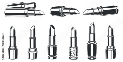 A collection of various lipstick designs in black and white outline vector style, suitable for beauty branding and cosmetic projects