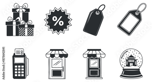 A collection of gift boxes, discount symbols, price tags, shopping storefronts, and a snow globe in black and white vector style, suitable for retail branding and holiday promotions