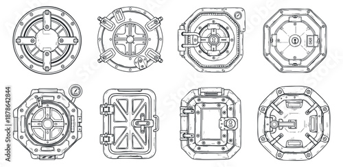A set of futuristic mechanical elements and icons in detailed outline vector style, suitable for technology and engineering projects