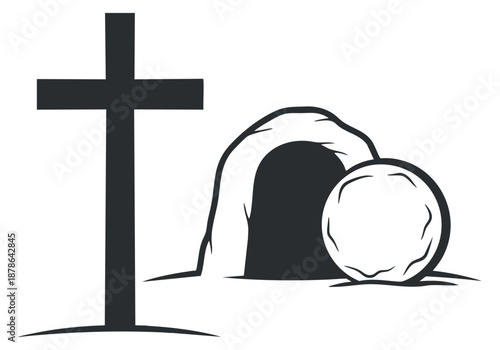 A cross beside an empty tomb with a rolled stone in minimalist black vector style, suitable for religious themes and designs