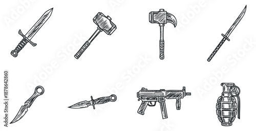 A collection of various weapons including knives, swords, a gun, and a grenade in vintage hand-drawn vector style, suitable for graphic design and illustrative projects
