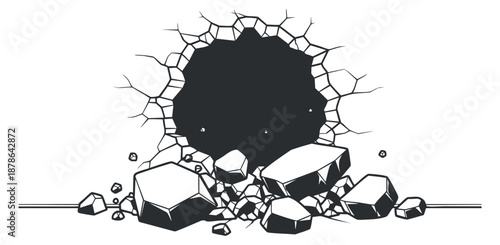 A cracked wall with debris and a large hole in a black and white outline vector style, ideal for construction and repair themes