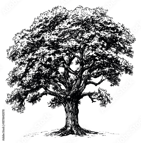 Hand drawn line art illustration of a large tree depicting its full canopy and roots for nature and environment designs