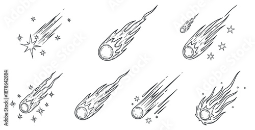 A collection of nine hand-drawn comet and star illustrations in a black and white outline style, suitable for space-themed designs