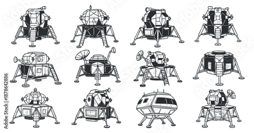 A collection of lunar lander spacecraft designs in black and white outline vector style, suitable for science and technology projects