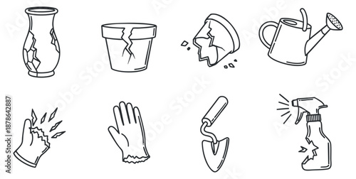 A collection of broken household items including a vase, plant pot, pie, and gardening tools in minimalist outline vector style, suitable for repair and renovation projects