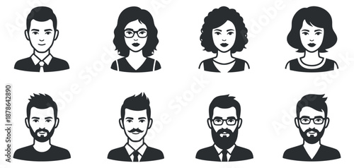 A collection of eight diverse character avatars in black and white minimalist vector style, suitable for social media and branding