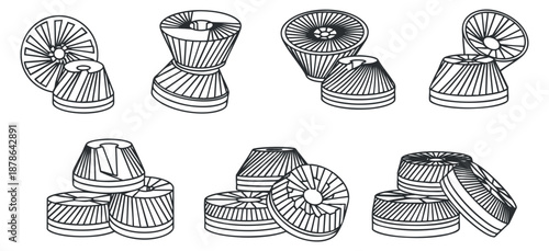 A collection of sweet dessert pastries including muffins, donuts, and tarts in black and white outline vector style, ideal for bakery branding or menu design