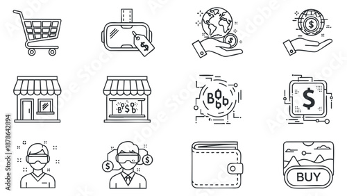 A collection of shopping and payment icons including a cart, virtual payment, globe, money symbols, and finance elements in a sleek modern vector style, ideal for e-commerce and fintech applications