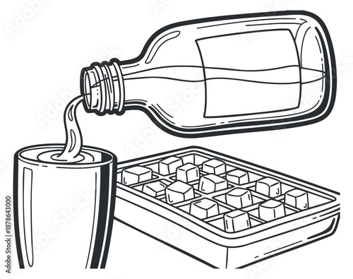 A bottle pouring a drink into a glass with ice cubes in black and white outline vector style, ideal for beverage branding and menu design