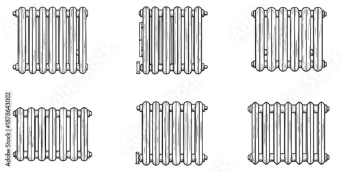 A collection of six outline illustrations of radiators in minimalist vector style, suitable for home improvement and interior design projects