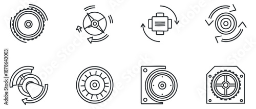 A collection of mechanical icons representing gears and rotating components in clean outline vector style, ideal for engineering and technology design