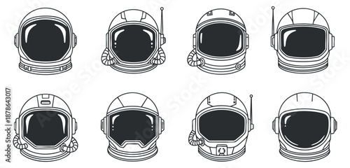A set of eight astronaut helmets in black and white outline vector style, suitable for space-themed illustrations and designs