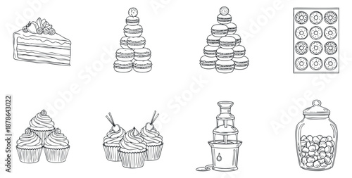 A collection of dessert illustrations including cakes, cupcakes, and macarons in black and white outline vector style, perfect for bakery branding