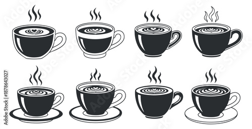 A set of eight steaming coffee cups in black and white minimalist vector style, perfect for cafe branding and menu design