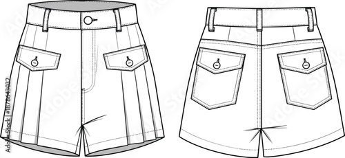 Women pleated mini skirt technical fashion flat with front back views, utility pockets waistband button fly details, cad drawing flat vector illustration