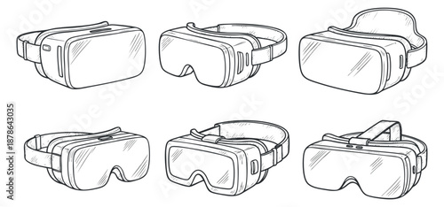 A collection of virtual reality headsets in outline sketch vector style, perfect for technology and gaming projects