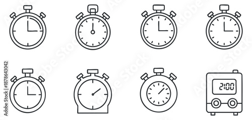 A collection of stopwatch and timer icons in minimalistic outline vector style, suitable for sports and time management applications