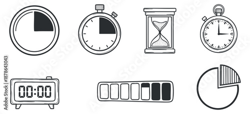 A collection of various time-related icons including a timer, stopwatch, hourglass, and clock in minimalist black and white vector style, perfect for time management and productivity themes