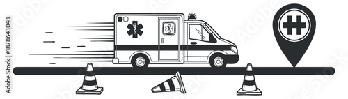 An ambulance rushing on the road with traffic cones and a health location marker in black and white vector style, ideal for health and emergency services design