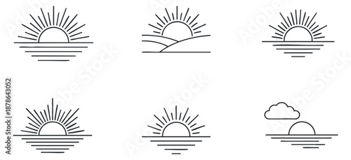 A collection of six sun and cloud icons in minimalist outline vector style, suitable for weather and nature-themed projects