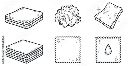 A collection of pasta sheets, wavy noodles, and various dough forms in black and white outline style, ideal for culinary designs and cooking illustrations