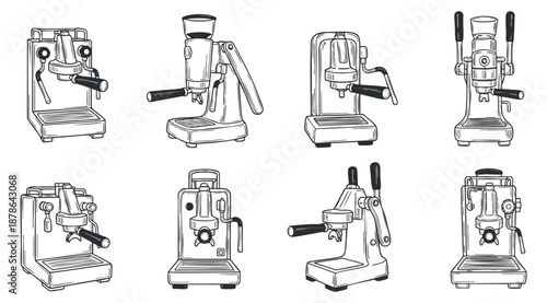 A collection of coffee machines in outline sketch style, ideal for coffee shop branding and culinary design projects