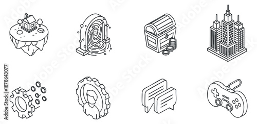 A set of gaming and fantasy icons including an island, portal, treasure chest, city skyline, gear, and game controller in clean outline vector style, perfect for digital design and creative projects
