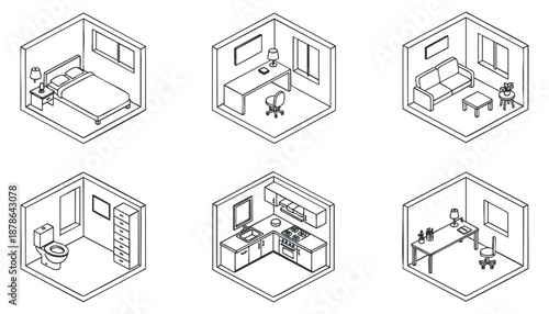 A collection of isometric room illustrations featuring a bedroom, office, living room, kitchen, and bathroom in minimalist outline style, ideal for interior design projects