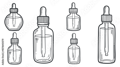 A collection of glass dropper bottles in outline vector style, suitable for cosmetic and medical product design