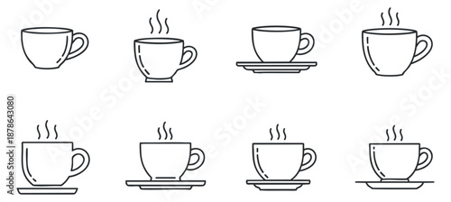A collection of eight steaming cups in outline minimalist vector style, ideal for coffee shop branding and menu design