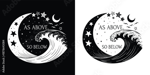 Celestial moon and stars motif entwined with a powerful ocean wave illustrating the esoteric phrase as above so below