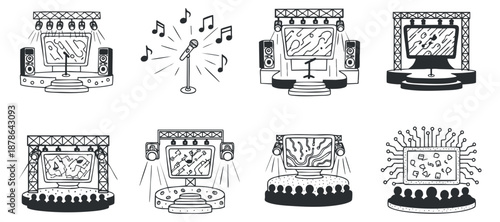 A set of music performance and stage icons in outline vector style, perfect for entertainment and event design