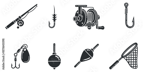 A collection of fishing equipment icons including rods, reels, hooks, and nets in black and white minimalist vector style, suitable for outdoor sports designs