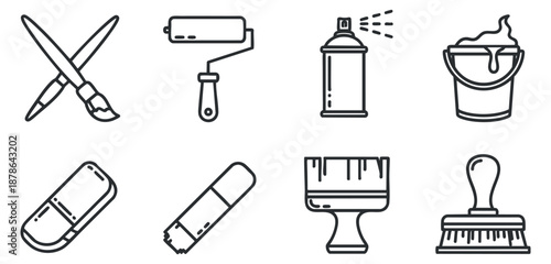 A collection of artistic tools including paintbrushes, rollers, spray cans, and erasers in minimalist black and white vector style, ideal for graphic design and creative projects