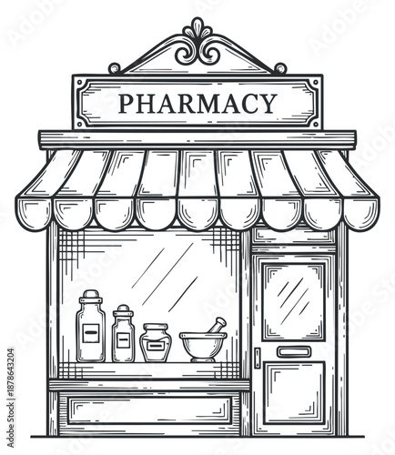A vintage pharmacy storefront illustration in detailed outline vector style, suitable for healthcare branding and design projects