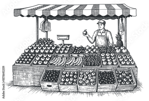 A fruit and vegetable market stall with a vendor showcasing fresh produce in black and white sketch style, ideal for organic food branding or culinary projects
