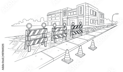 A sketch of a construction site featuring roadblocks and barriers in black and white outline style, ideal for urban planning projects