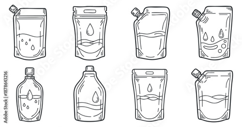 A collection of various liquid containers including bottles and pouches in minimalist outline vector style, suitable for packaging design
