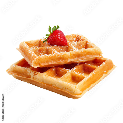 Enjoying Waffles With Fresh Strawberries for Breakfast or Dessert in a Kitche...