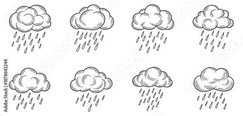 A collection of different cloud illustrations with rain in outline vector style, perfect for weather-themed designs