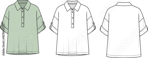 Women polo shirt technical fashion flat with front back views, button placket rolled sleeves construction details, cad drawing flat vector illustration
