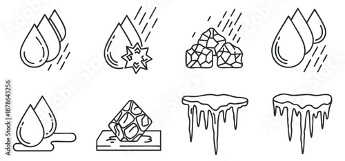 A collection of water droplets, ice cubes, and melting ice in clean outline vector style, suitable for environmental and design projects