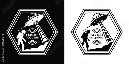 Striking black and white graphic design depicts an astronaut being abducted by an unidentified flying object with a clear signal