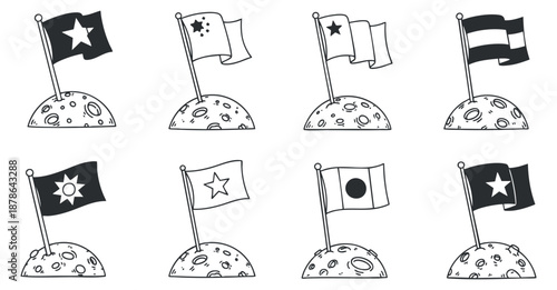 A collection of various country flags on small moon-shaped bases in black and white outline vector style, ideal for educational projects